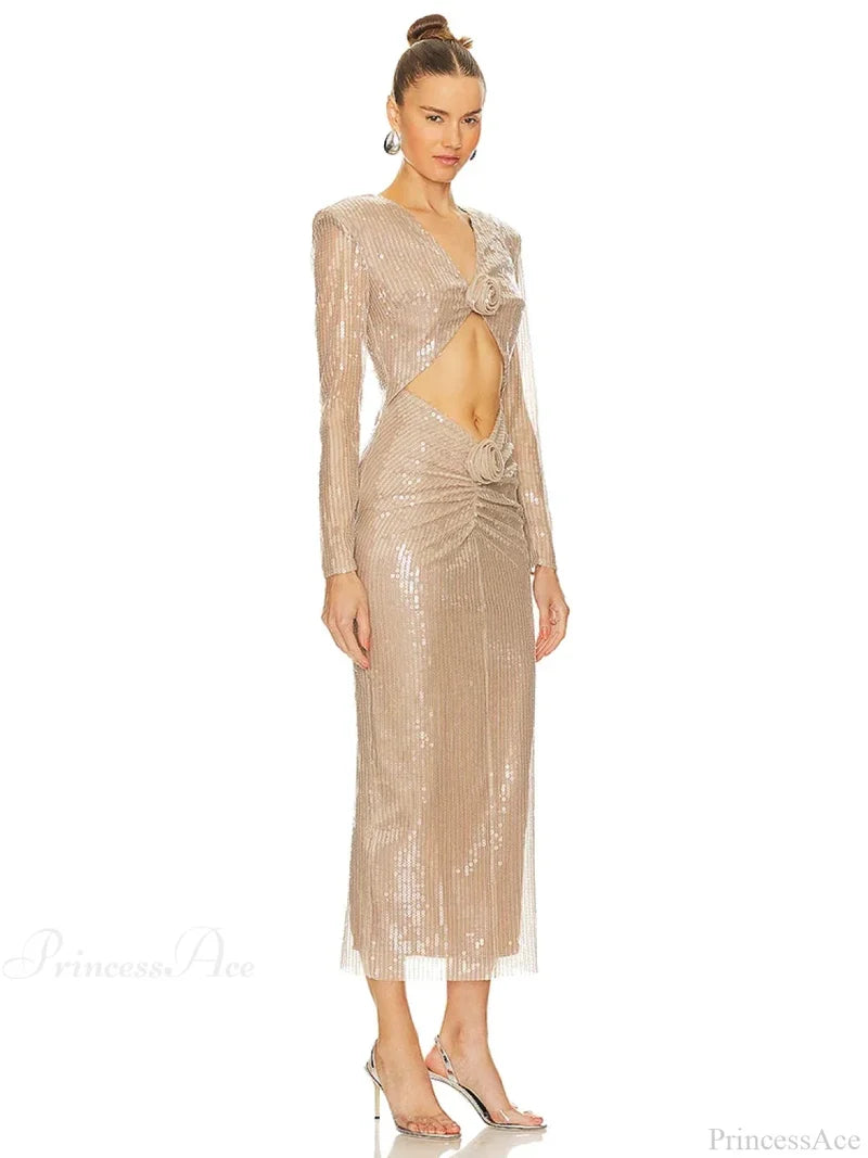 Sexy V Neck Sequins Cutout 3D Flower Dress Long Sleeves Christmas Party Dresses-L