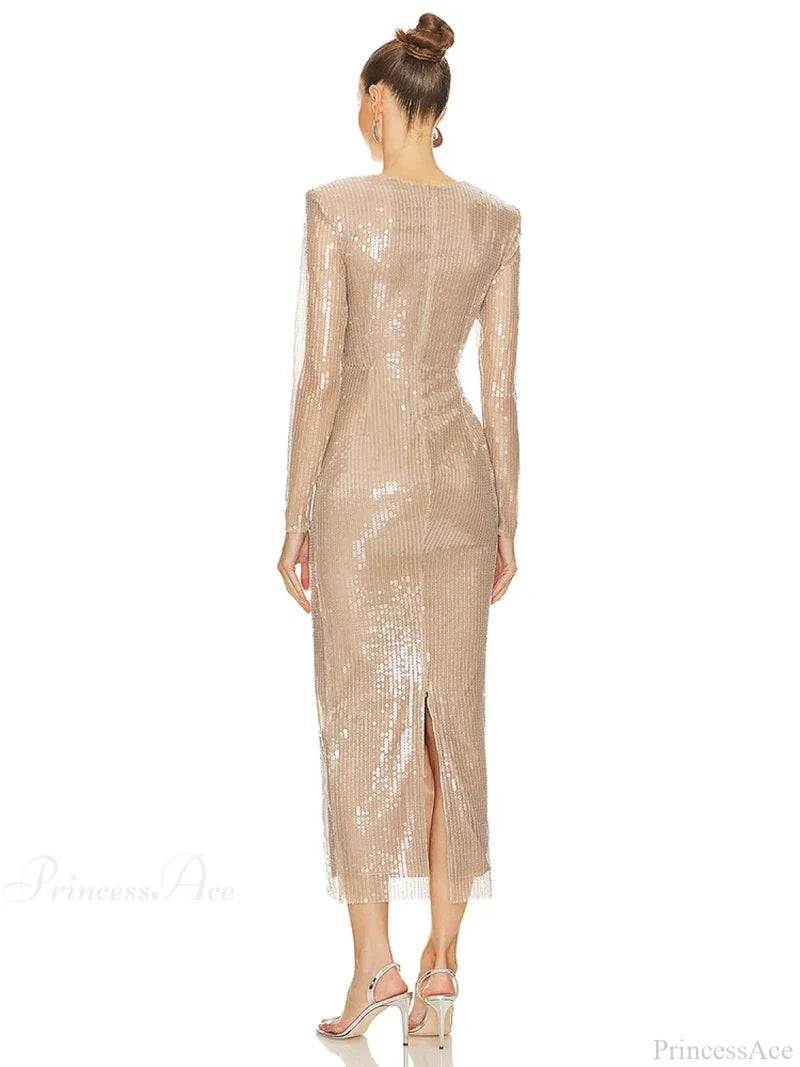 Sexy V Neck Sequins Cutout 3D Flower Dress Long Sleeves Christmas Party Dresses-L