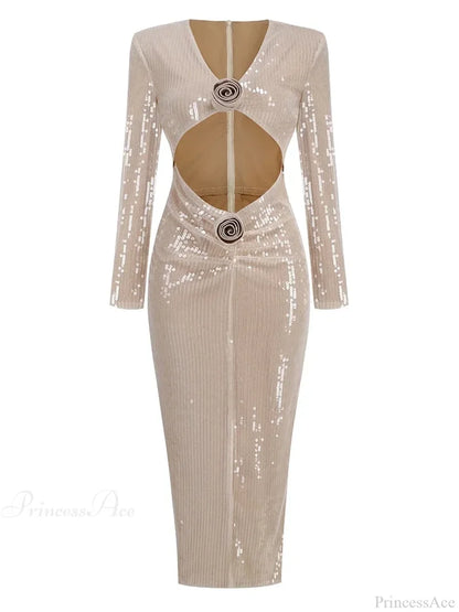 Sexy V Neck Sequins Cutout 3D Flower Dress Long Sleeves Christmas Party Khaki / S Dresses-L