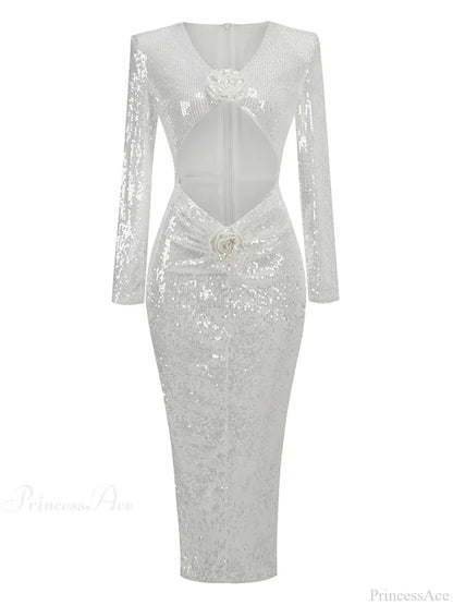 Sexy V Neck Sequins Cutout 3D Flower Dress Long Sleeves Christmas Party White / S Dresses-L