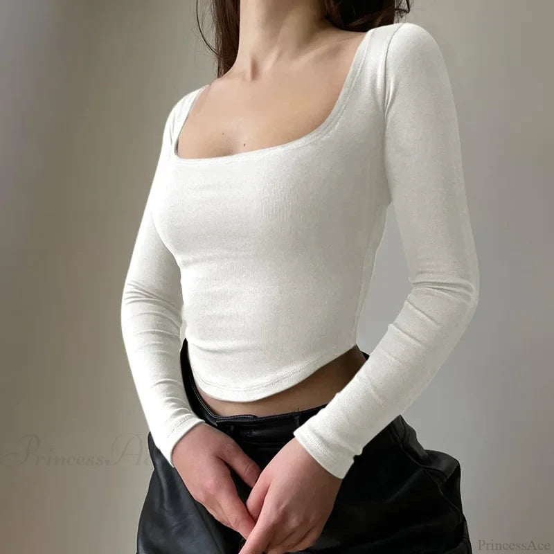 Square Collar Casual Long Sleeve Sweater WHITE / S