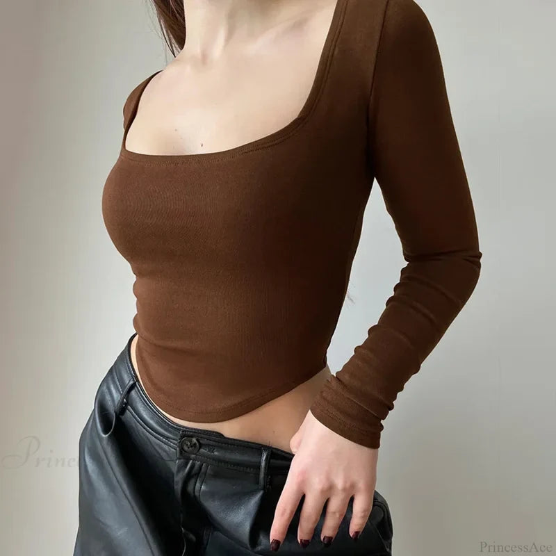 Square Collar Casual Long Sleeve Sweater Brown / S