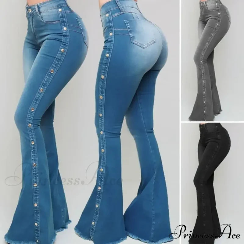 Stylish Flare Control Tummy Skin-Touch Skinny Women Wide Leg Denim Trousers Jeans