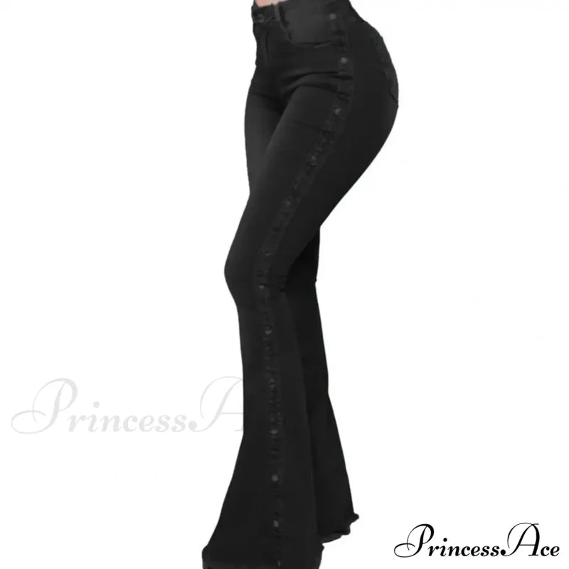 Stylish Flare Control Tummy Skin-Touch Skinny Women Wide Leg Denim Trousers Jeans Black / S
