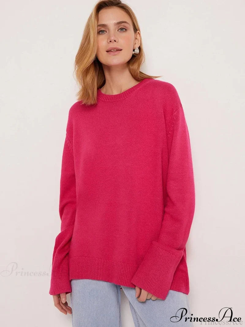 Vintage Casual Cozy Stylish Autumnal Streetwear Warm Long Sleeve Sweater Rose Red / One Size
