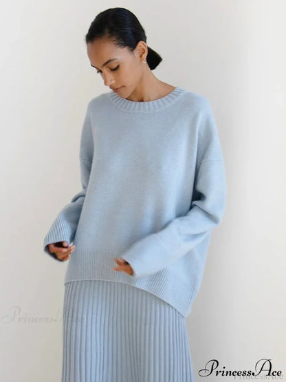 Vintage Casual Cozy Stylish Autumnal Streetwear Warm Long Sleeve Sweater Sky Blue / One Size