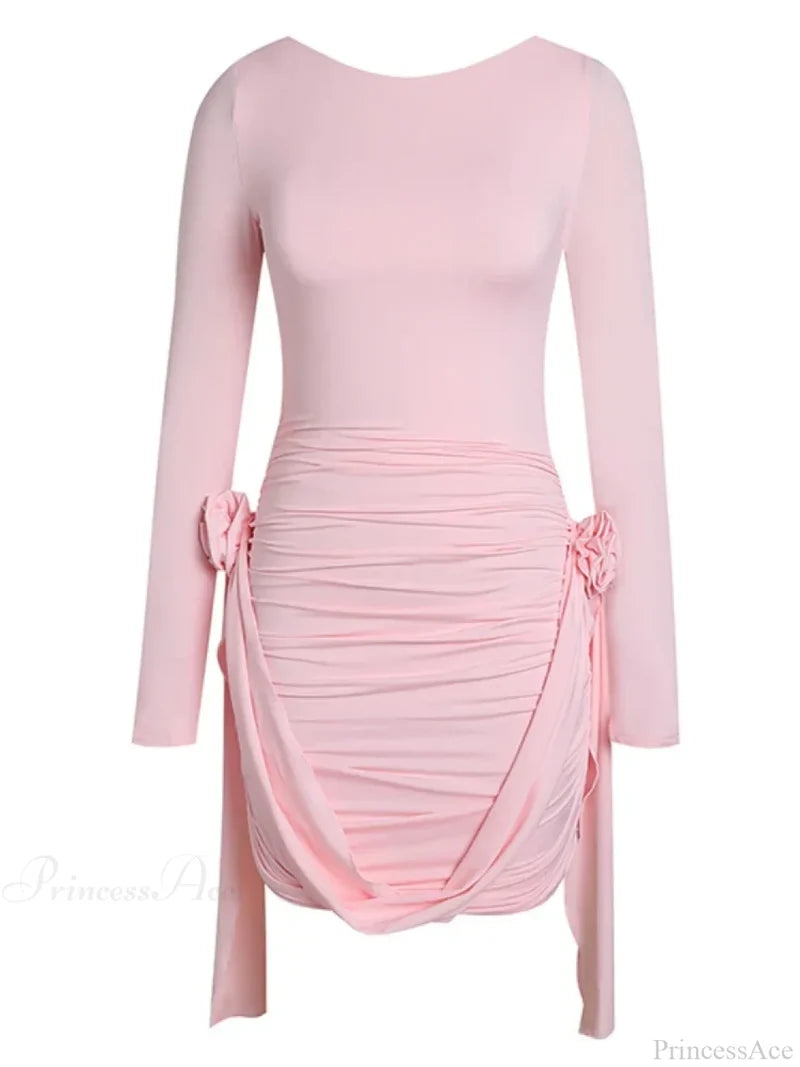 Women Pink 3D Floral Draped Mini Bodycon Dress Long Sleeves Christmas Party / S Dresses-L