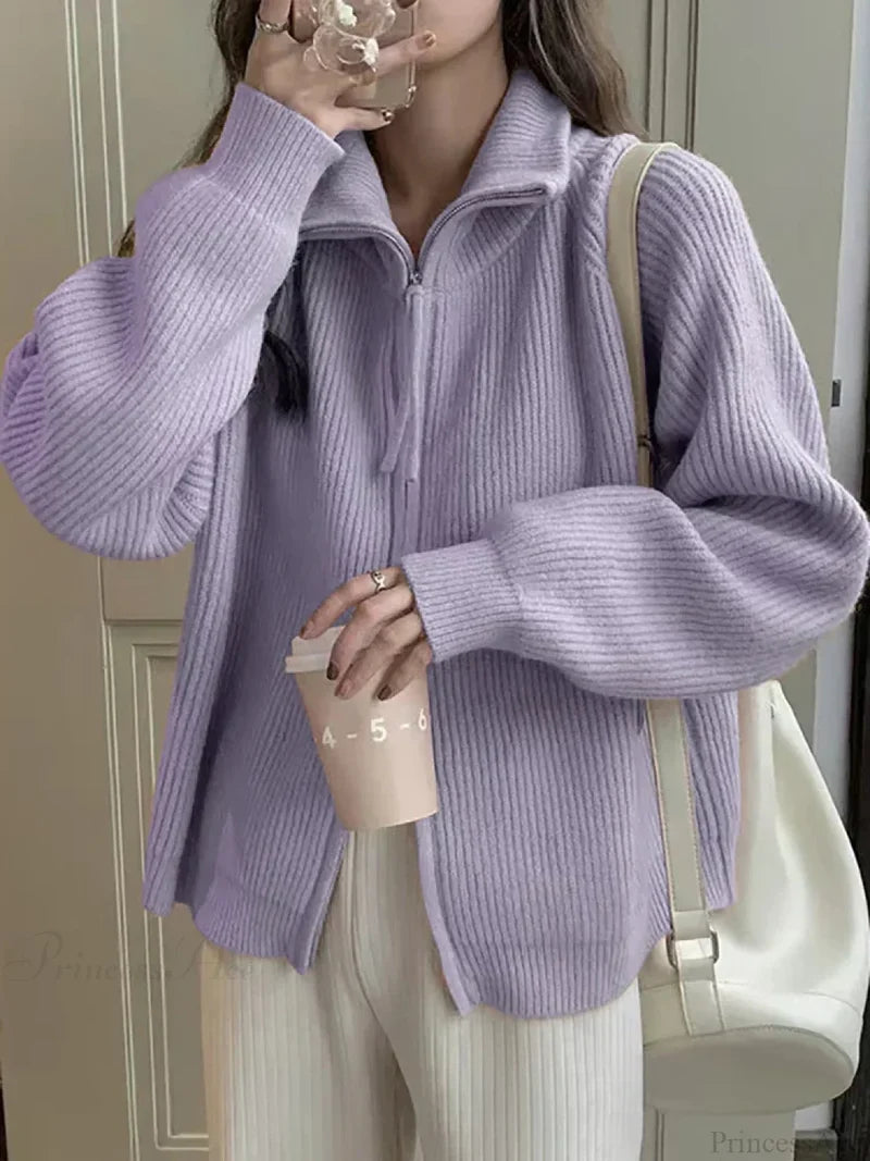 Zippered Knit Cardigan PURPLE / One Size