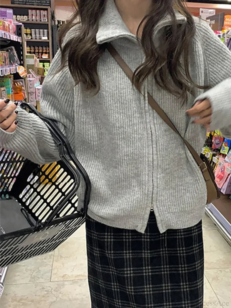 Zippered Knit Cardigan GRAY / One Size